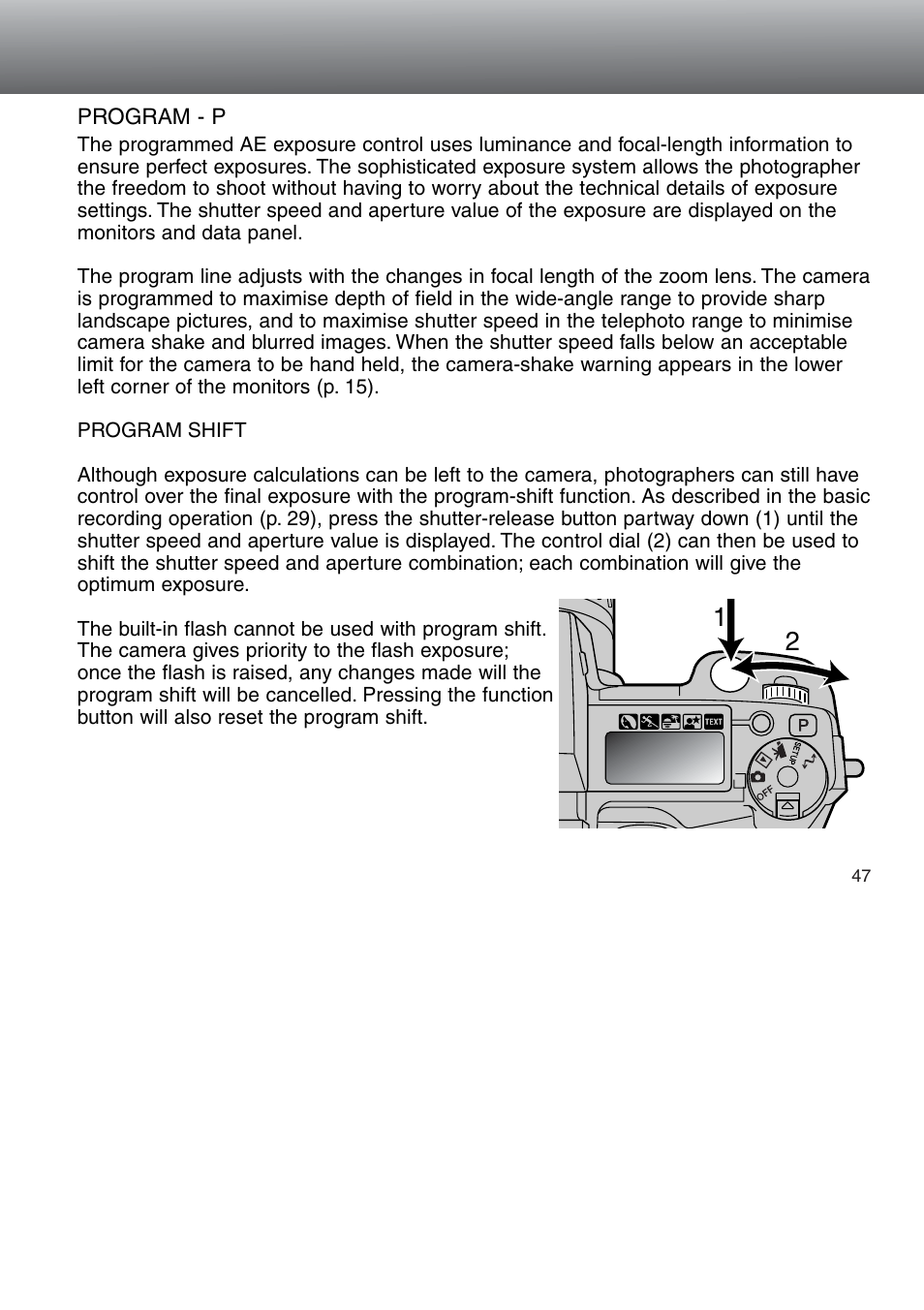 Program - p, Program shift | Minolta Dimage 5 User Manual | Page 47 / 150