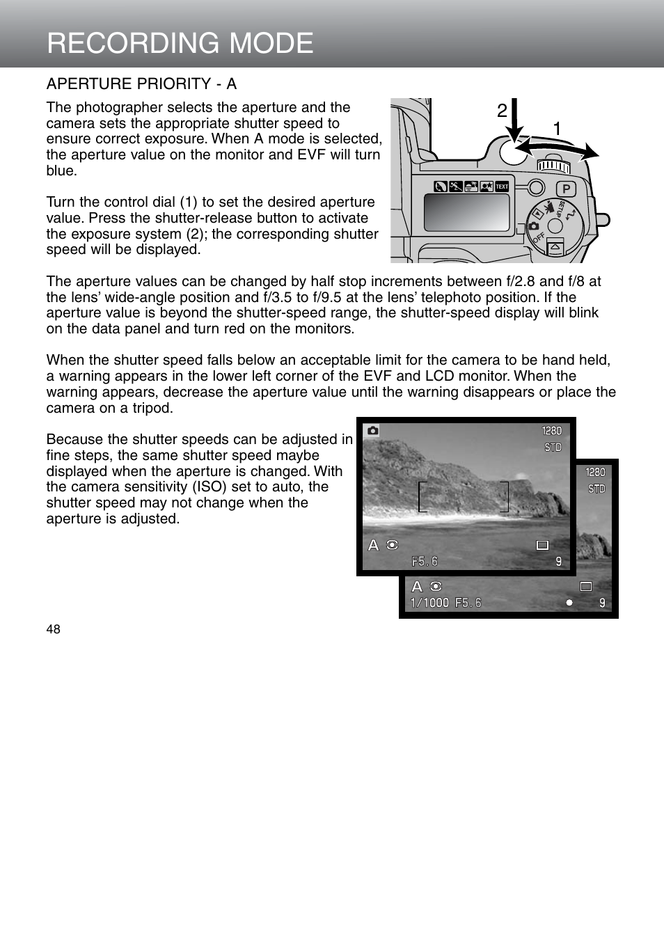 Aperture priority - a, Recording mode | Minolta Dimage 5 User Manual | Page 48 / 150