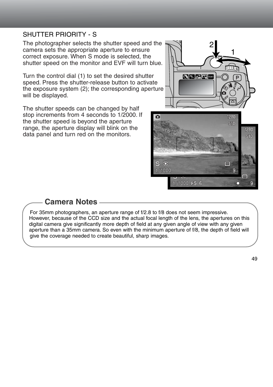 Shutter priority - s | Minolta Dimage 5 User Manual | Page 49 / 150