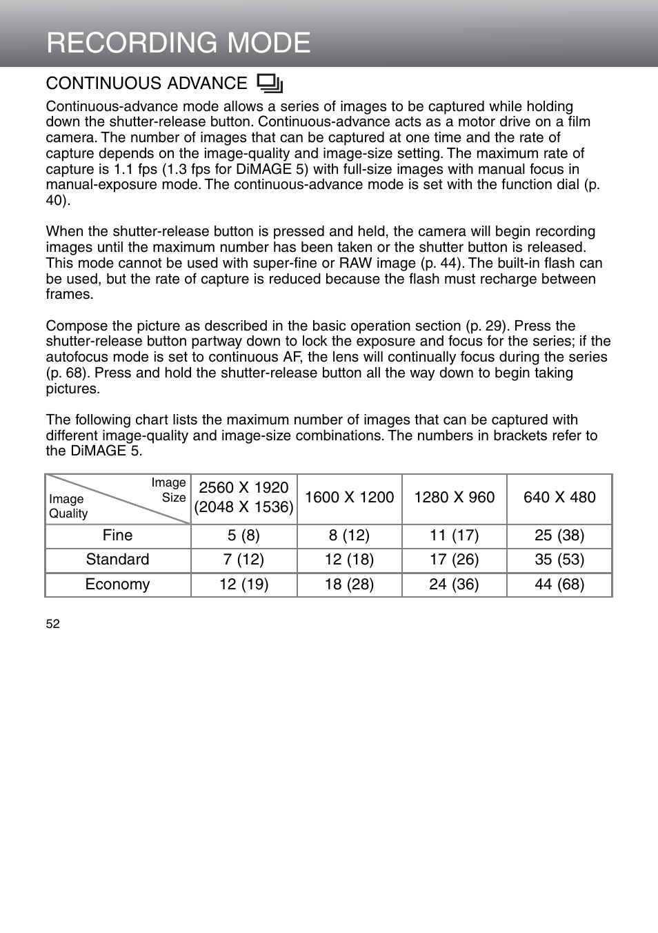 Continuous advance, Recording mode | Minolta Dimage 5 User Manual | Page 52 / 150