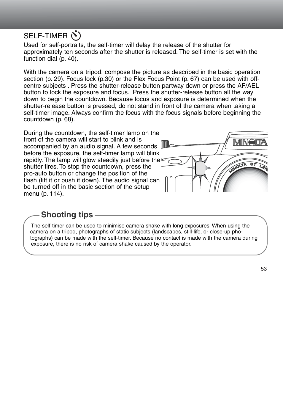 Self-timer, Shooting tips | Minolta Dimage 5 User Manual | Page 53 / 150