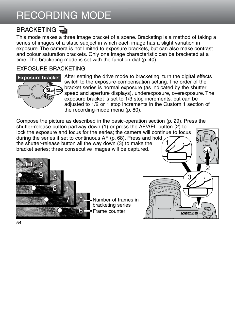 Bracketing, Exposure bracketing, Recording mode | Minolta Dimage 5 User Manual | Page 54 / 150