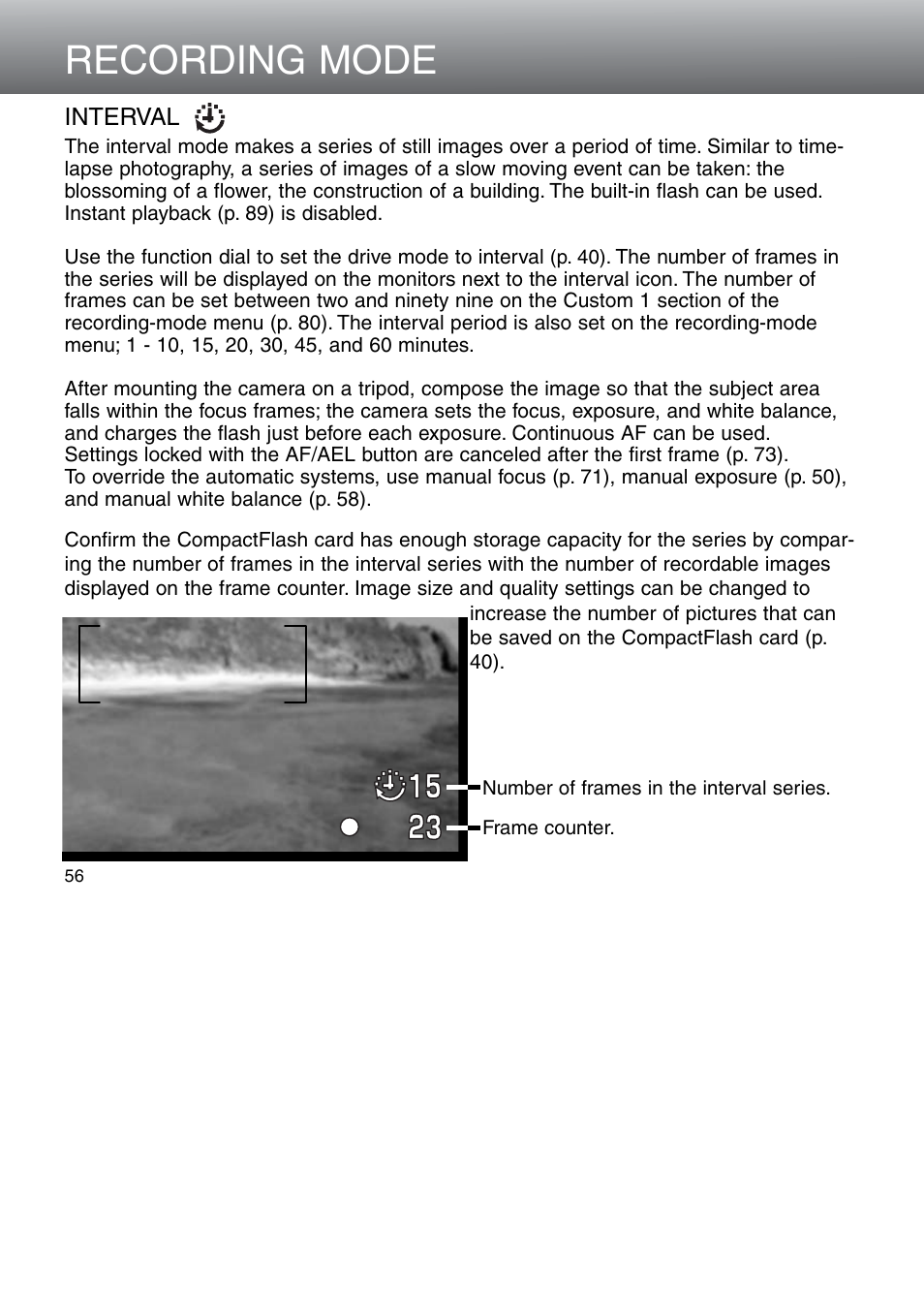 Interval, Recording mode | Minolta Dimage 5 User Manual | Page 56 / 150