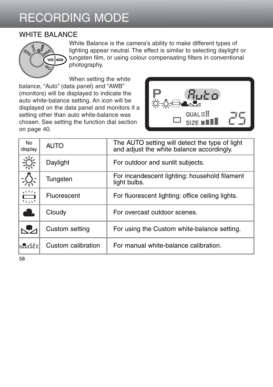 White balance, Recording mode | Minolta Dimage 5 User Manual | Page 58 / 150