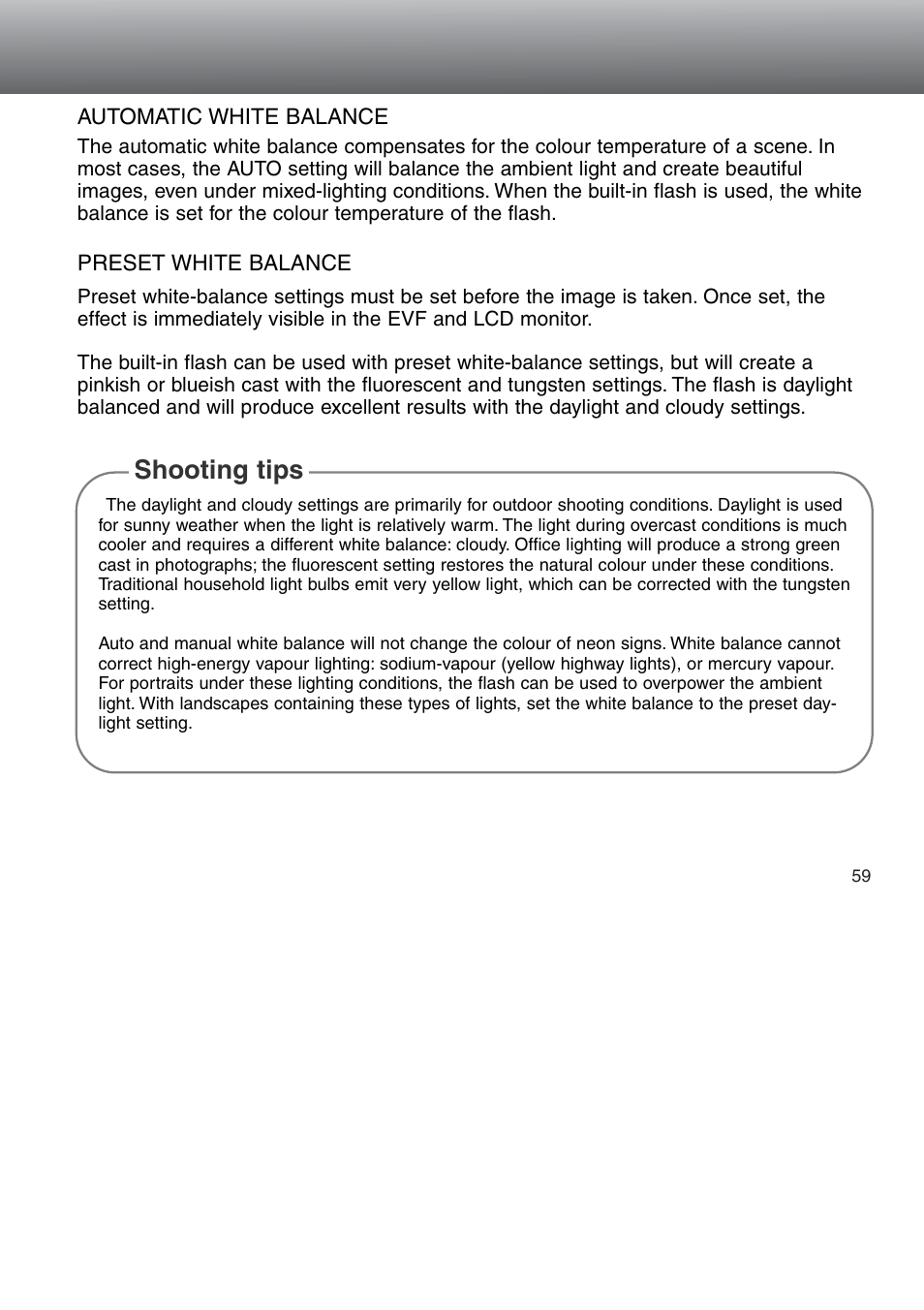 Automatic white balance preset white balance, Shooting tips | Minolta Dimage 5 User Manual | Page 59 / 150