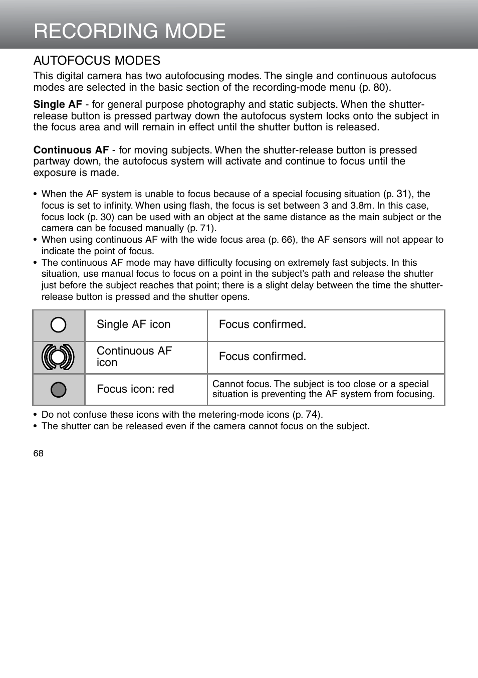 Autofocus modes, Recording mode | Minolta Dimage 5 User Manual | Page 68 / 150