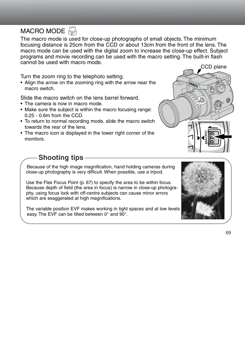 Macro mode, Shooting tips | Minolta Dimage 5 User Manual | Page 69 / 150