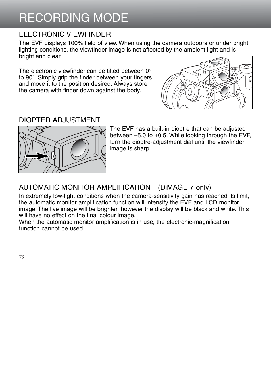 Electronic viewfinder, Recording mode | Minolta Dimage 5 User Manual | Page 72 / 150