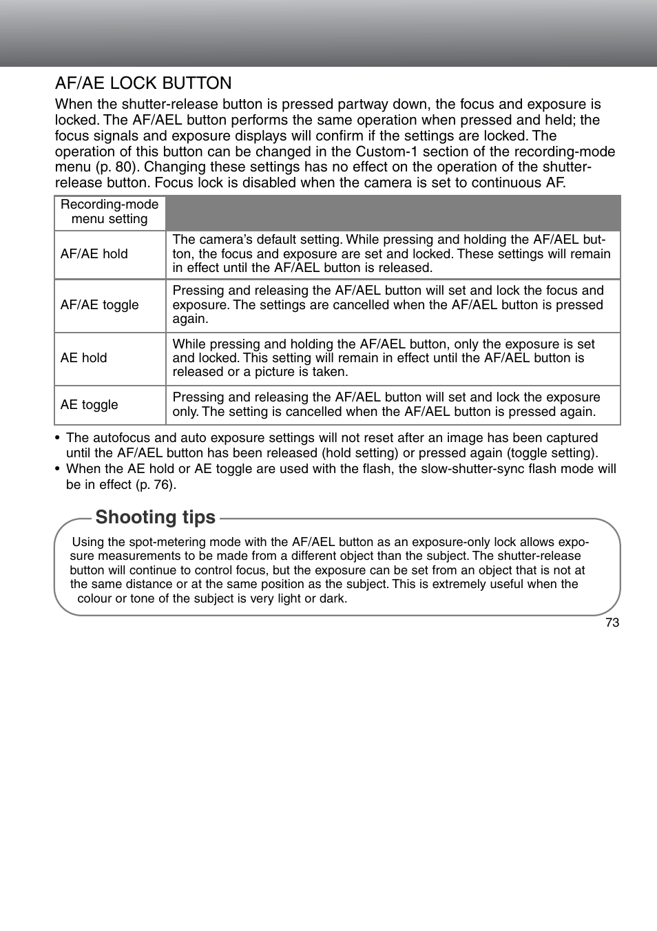 Af/ael button, Shooting tips, Af/ae lock button | Minolta Dimage 5 User Manual | Page 73 / 150