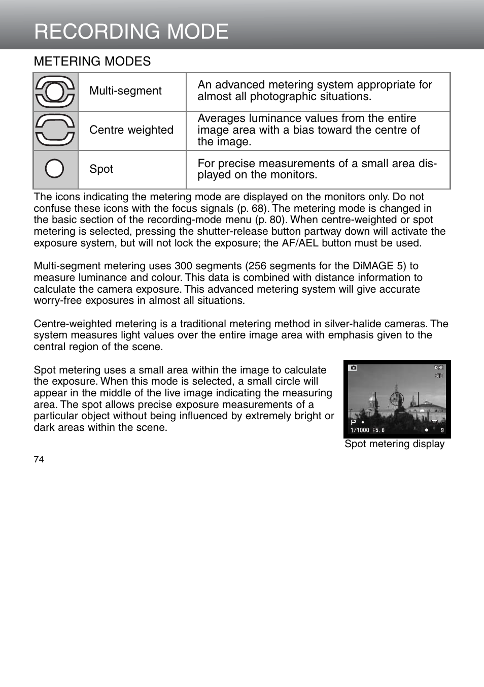 Metering modes, Recording mode | Minolta Dimage 5 User Manual | Page 74 / 150