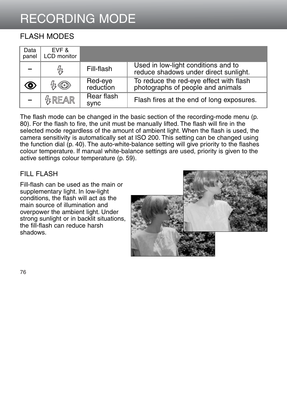 Flash modes, Recording mode | Minolta Dimage 5 User Manual | Page 76 / 150