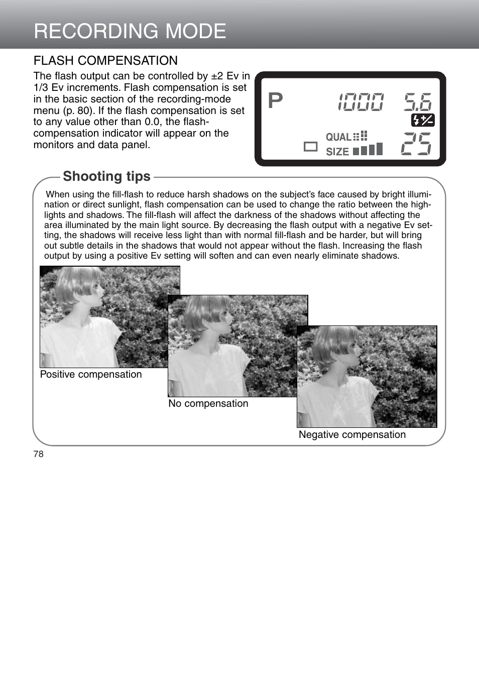 Flash compensation, Recording mode, Shooting tips | Minolta Dimage 5 User Manual | Page 78 / 150
