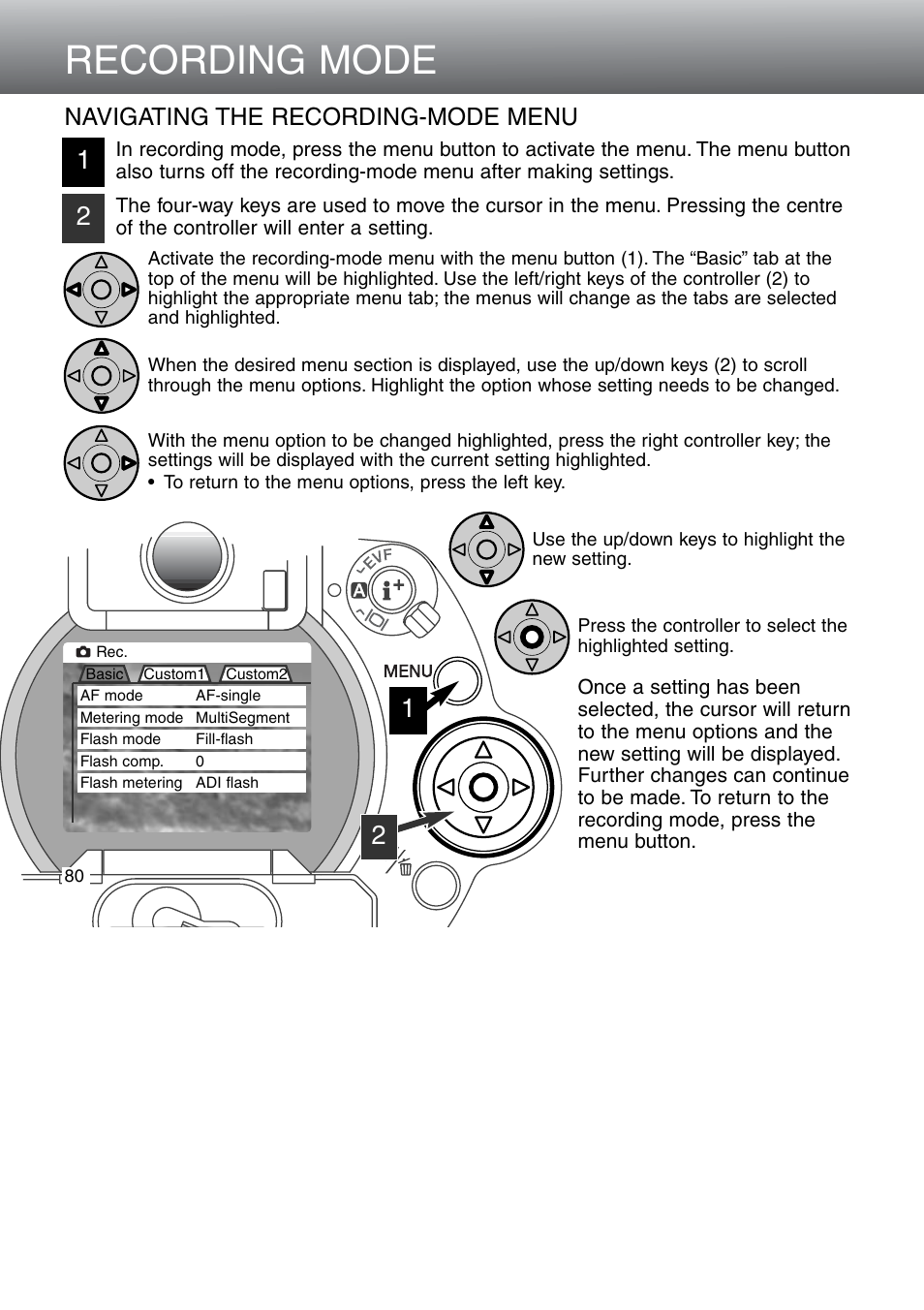 Navigating the recording-mode menu, Recording mode | Minolta Dimage 5 User Manual | Page 80 / 150