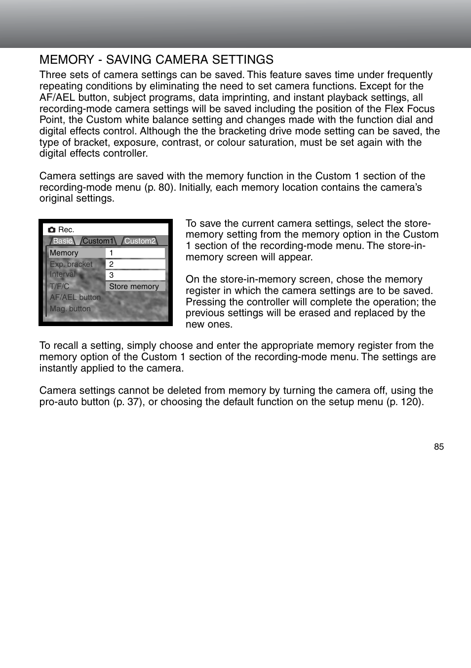 Memory - storing camera settings | Minolta Dimage 5 User Manual | Page 85 / 150