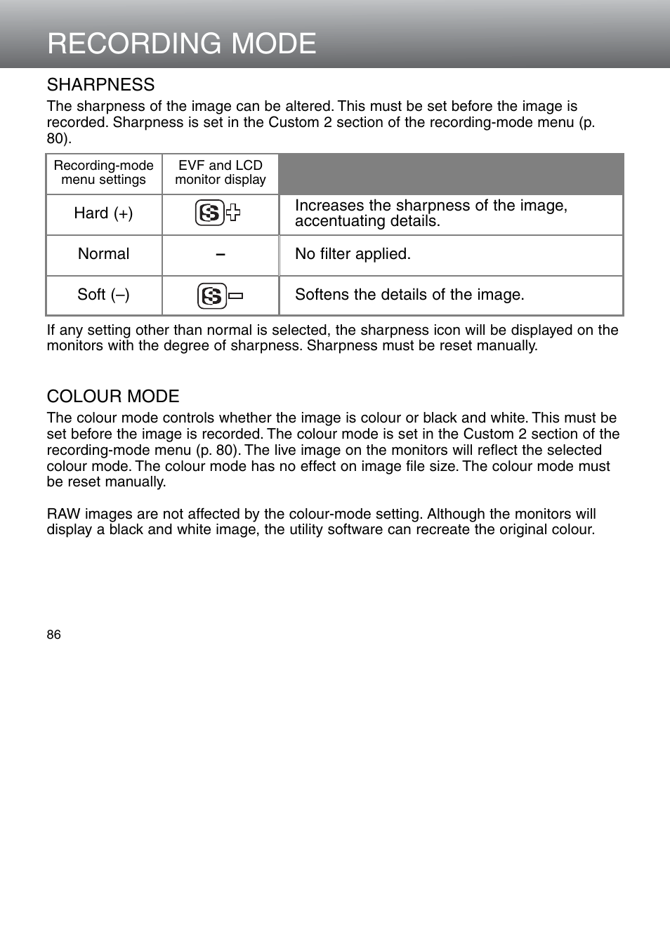 Sharpness color mode, Recording mode | Minolta Dimage 5 User Manual | Page 86 / 150