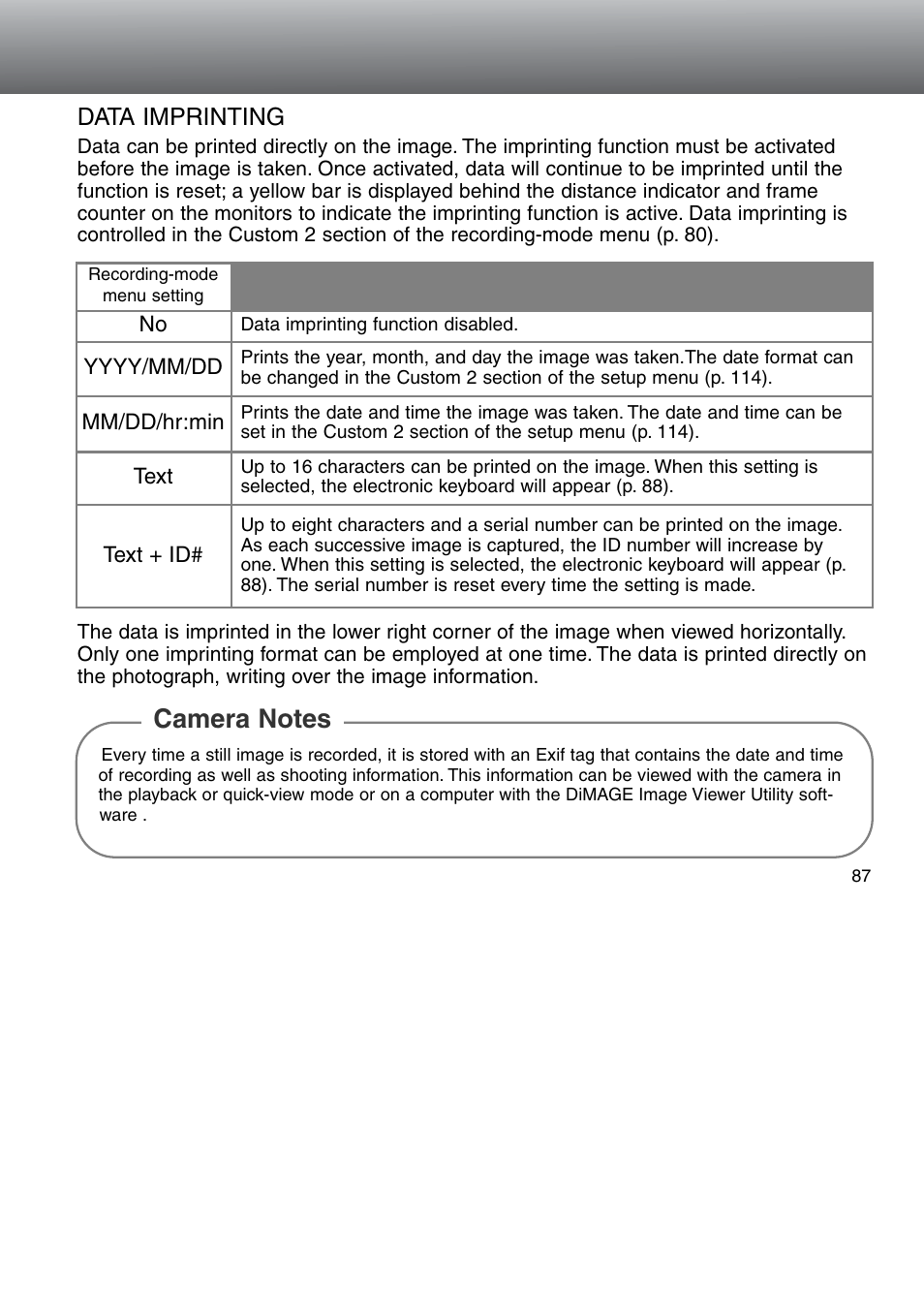 Data imprinting | Minolta Dimage 5 User Manual | Page 87 / 150