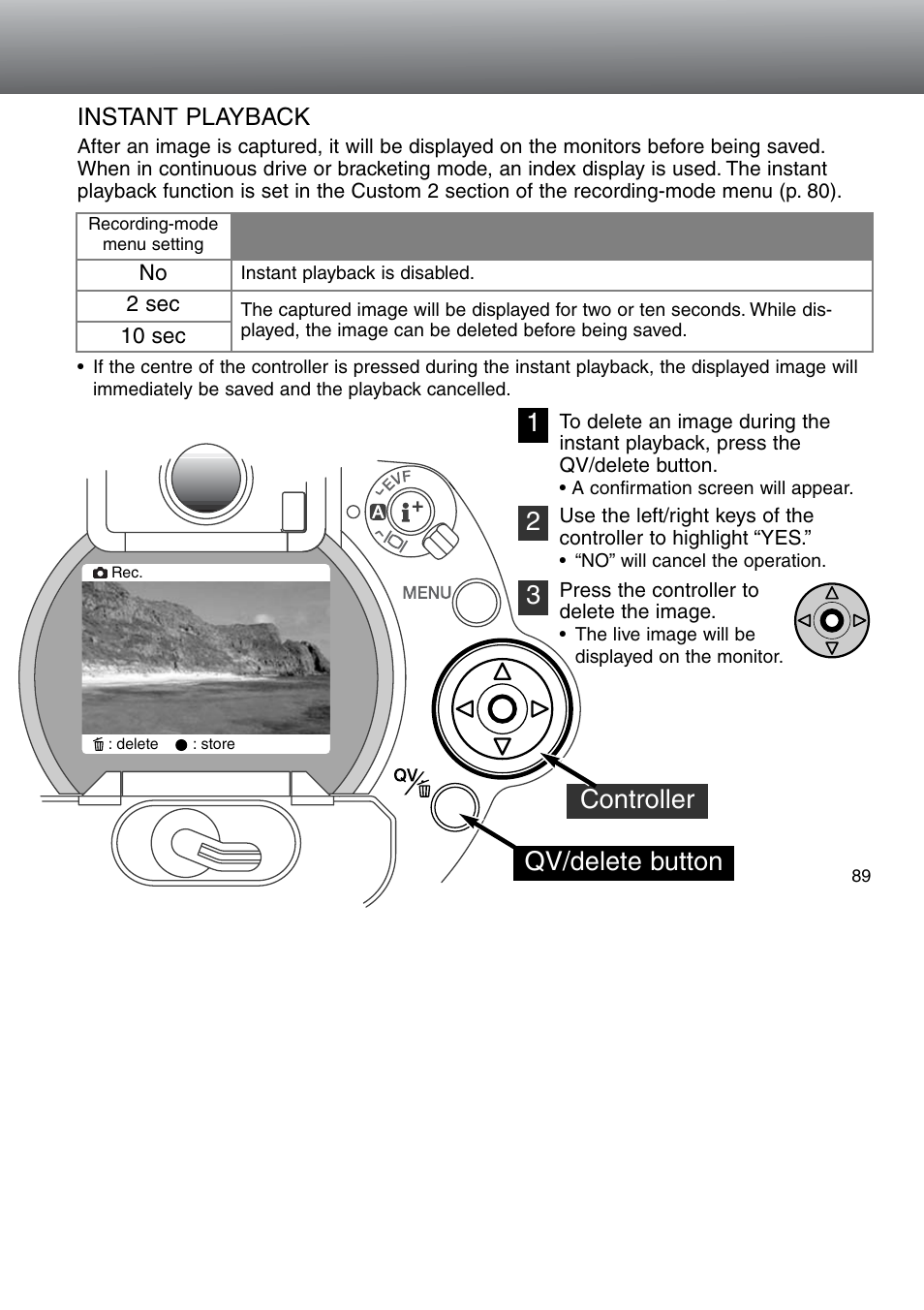 Instant playback, Controller qv/delete button | Minolta Dimage 5 User Manual | Page 89 / 150