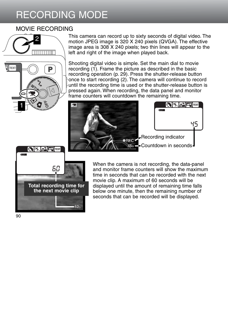 Movie recording, Recording mode | Minolta Dimage 5 User Manual | Page 90 / 150