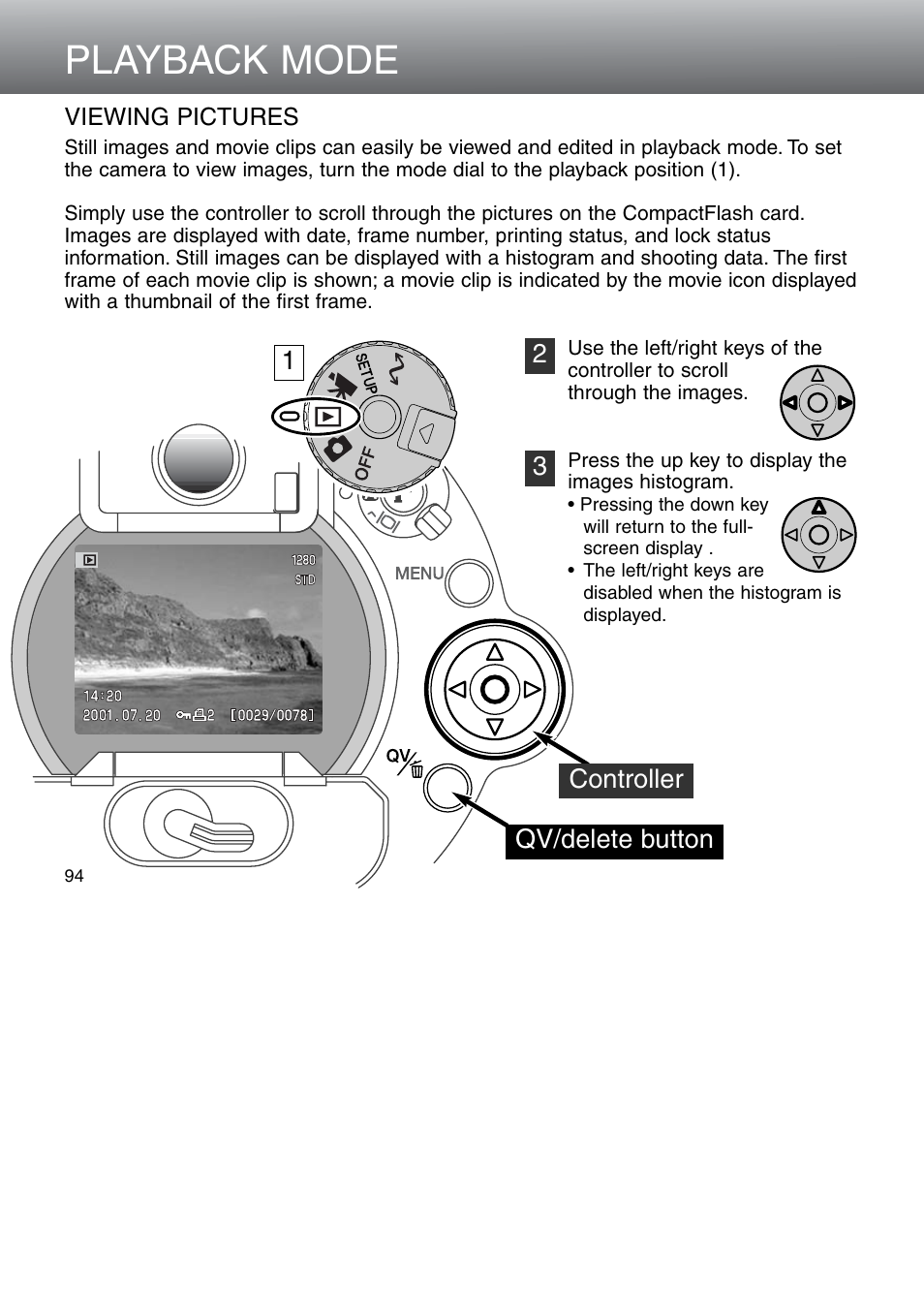 Viewing pictures, Playback mode | Minolta Dimage 5 User Manual | Page 94 / 150