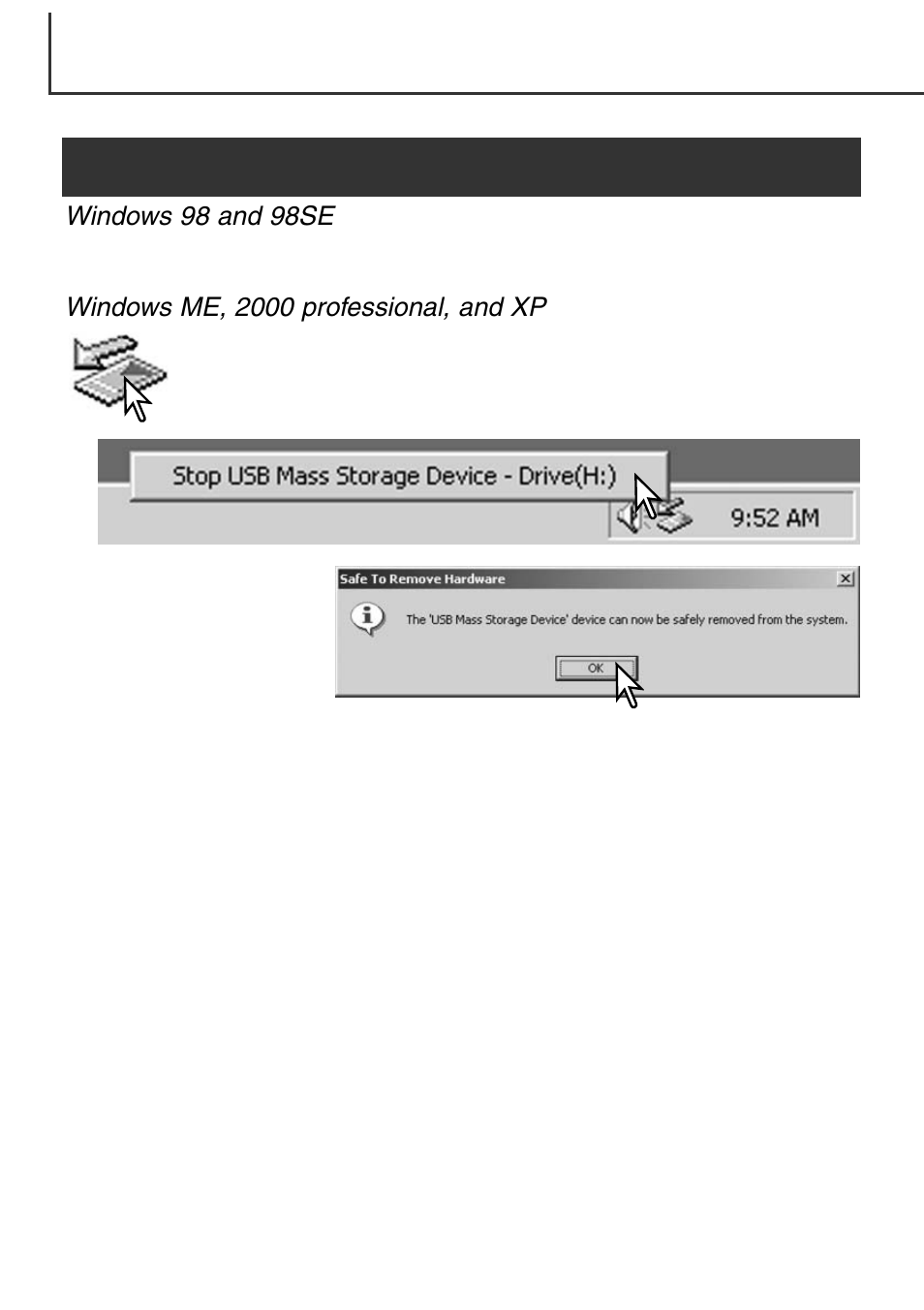 Disconnecting the camera from the computer, Windows me, 2000 professional, and xp, Windows 98 and 98se | Minolta Dimage F100 User Manual | Page 114 / 128