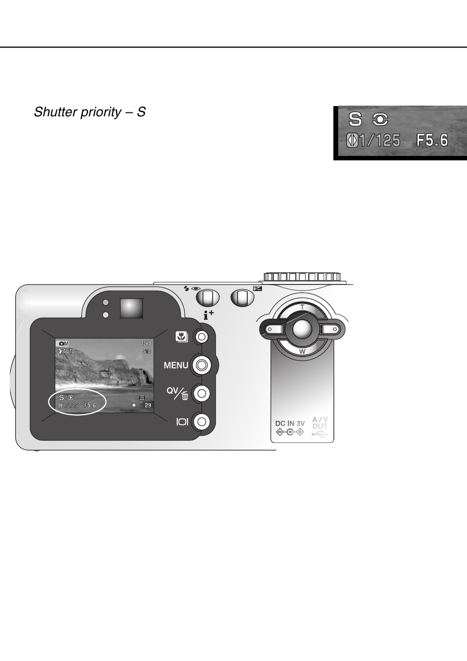 Shutter priority – s, Shutter priority – s 1 | Minolta Dimage F100 User Manual | Page 59 / 128