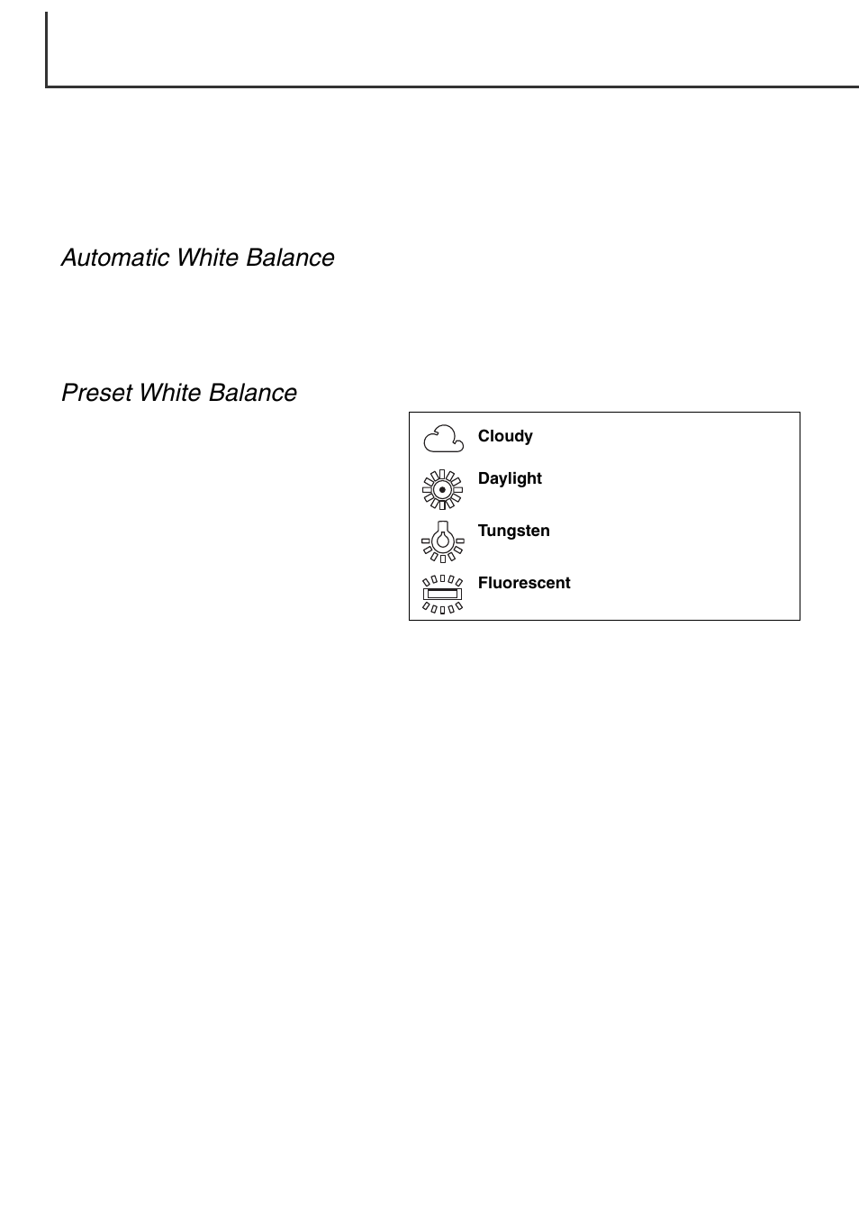 White balance, Automatic white balance preset white balance | Minolta Dimage F100 User Manual | Page 62 / 128