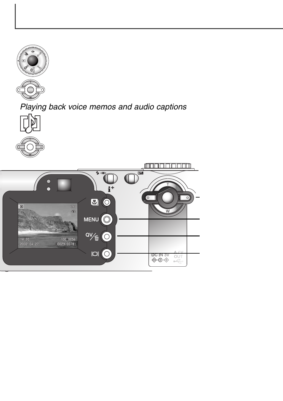Viewing images, Playing back voice memos and audio captions | Minolta Dimage F100 User Manual | Page 78 / 128