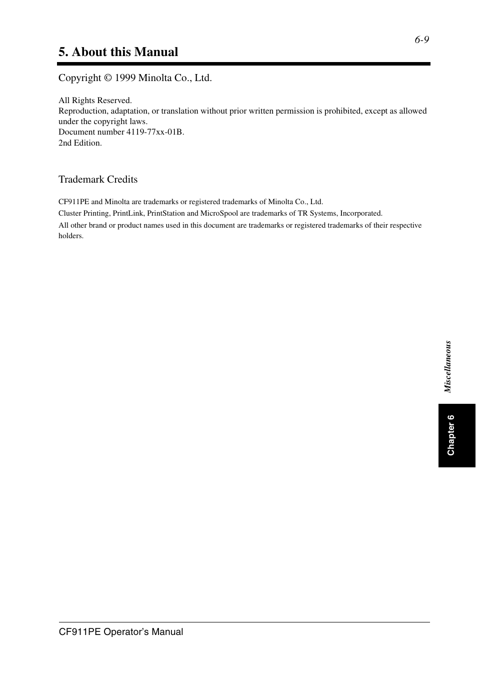 About this manual, Copyright © 1999 minolta co., ltd, Trademark credits | Minolta CF911PE User Manual | Page 55 / 57