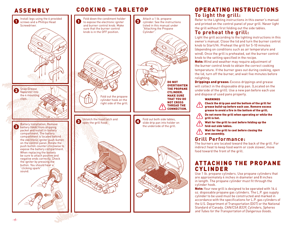 Cooking – tabletop operating instructions, Attaching the propane cylinder, Assembly | Grill performance | Margaritaville NBMGLG1900 User Manual | Page 6 / 12