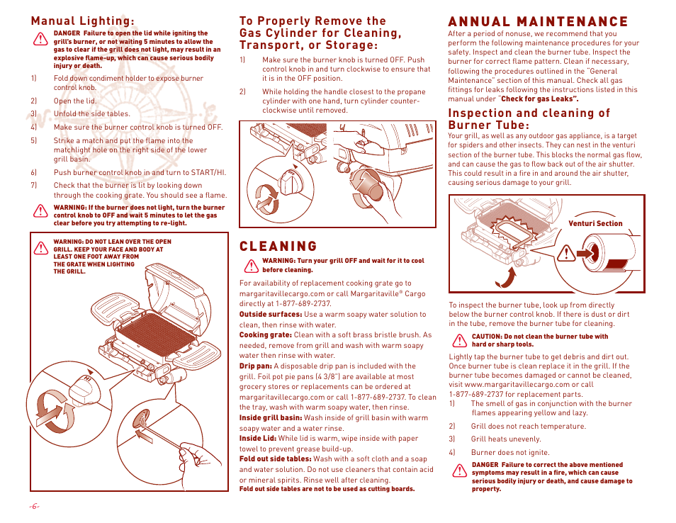Cleaning, Annual maintenance, Inspection and cleaning of burner tube | Manual lighting | Margaritaville NBMGLG1900 User Manual | Page 8 / 12