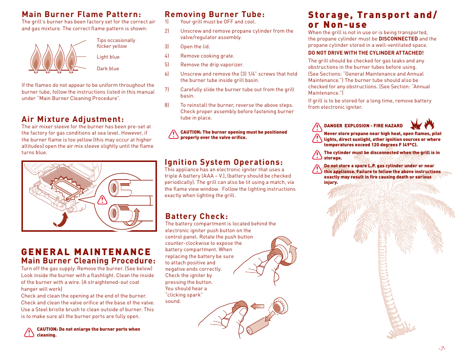 General maintenance, Storage, transport and/ or non-use, Main burner cleaning procedure | Removing burner tube, Main burner flame pattern, Ignition system operations, Battery check, Air mixture adjustment | Margaritaville NBMGLG1900 User Manual | Page 9 / 12
