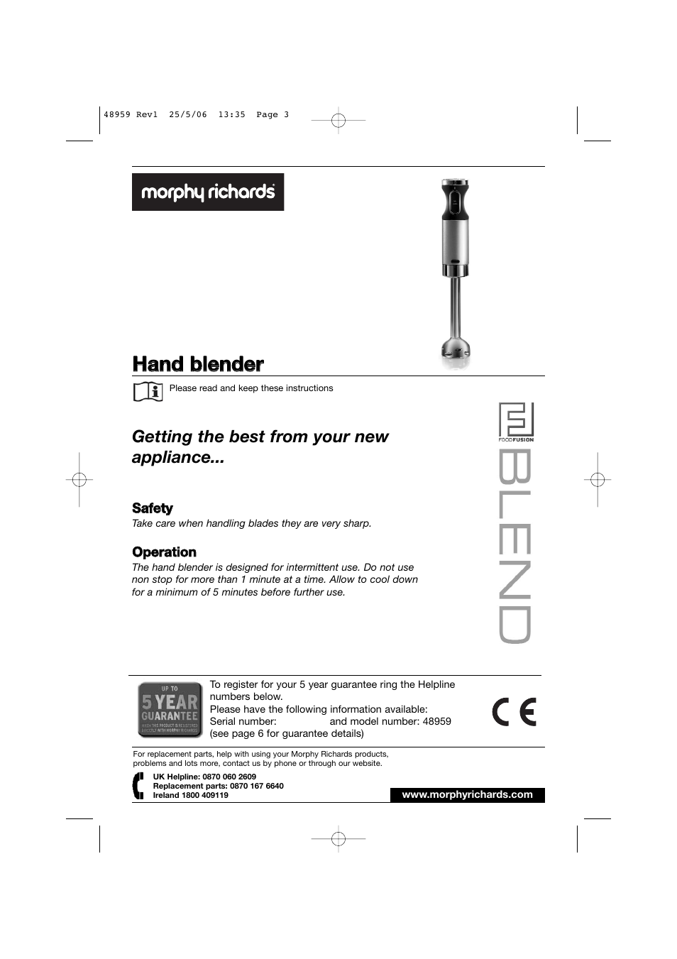 Hha an nd d b blle en nd de err, Getting the best from your new appliance | Morphy Richards 48959 User Manual | Page 3 / 6