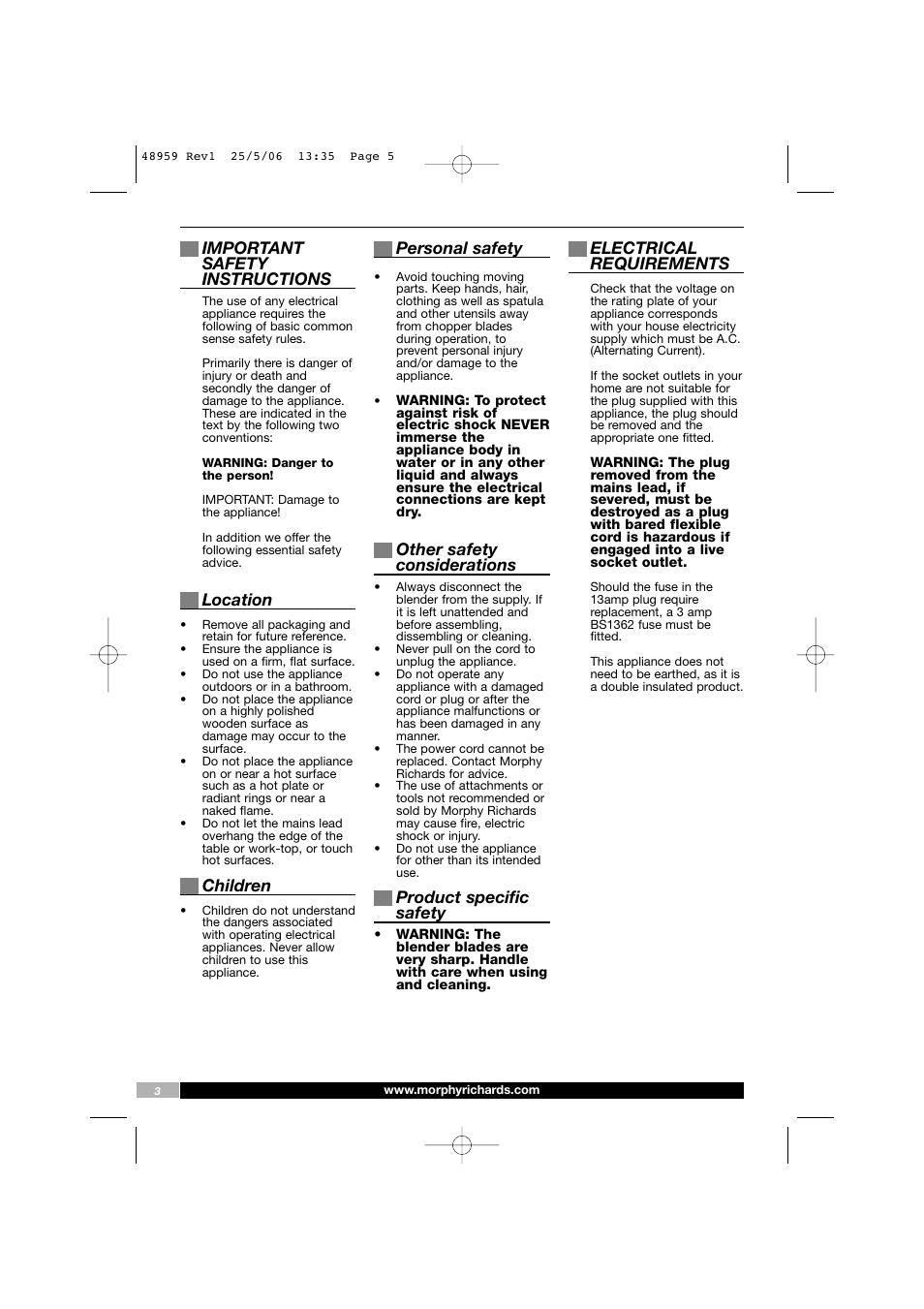 Important safety instructions, Location, Children | Personal safety, Other safety considerations, Product specific safety, Electrical requirements | Morphy Richards 48959 User Manual | Page 5 / 6