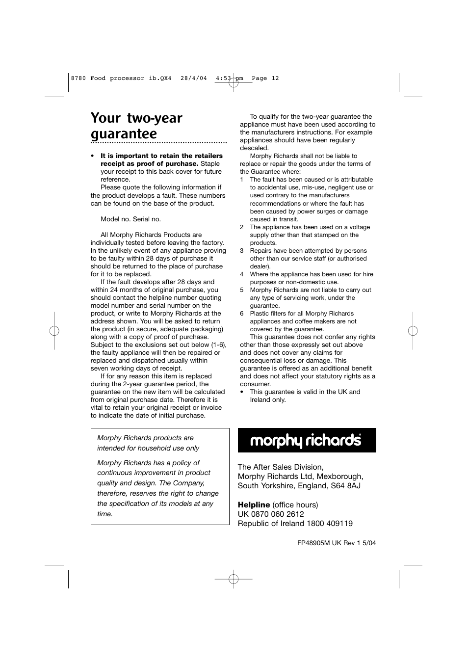Your two-year guarantee | Morphy Richards 8780 User Manual | Page 12 / 12