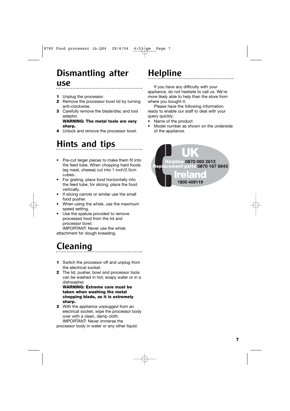 Dismantling after use, Hints and tips, Cleaning | Helpline | Morphy Richards 8780 User Manual | Page 7 / 12