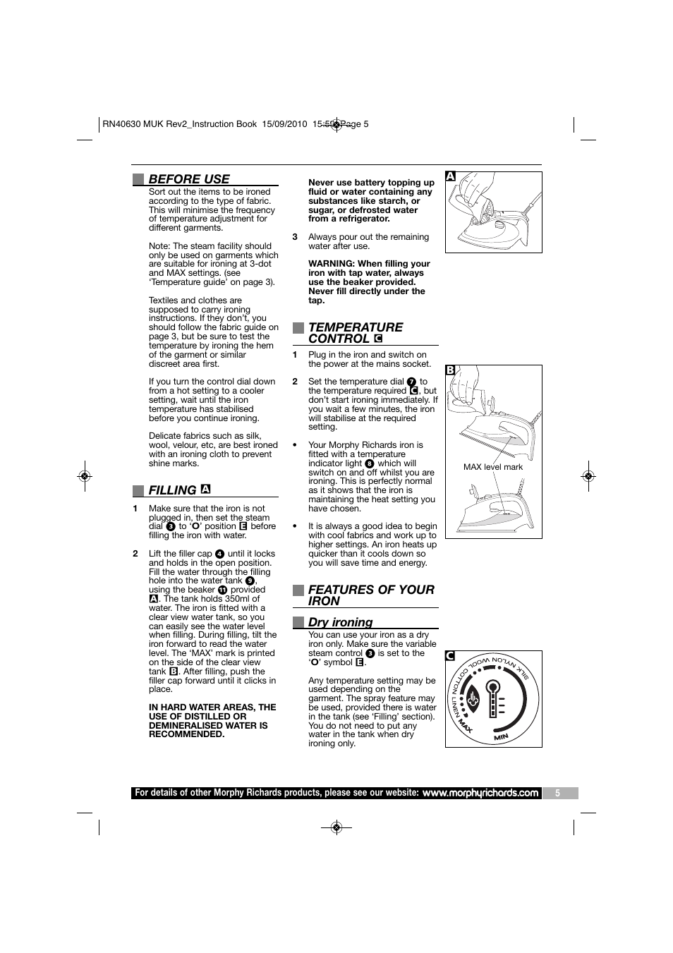 Before use, Filling, Temperature control | Features of your iron dry ironing | Morphy Richards TURBOSTEAM RN40630 MUK REV2 User Manual | Page 5 / 8