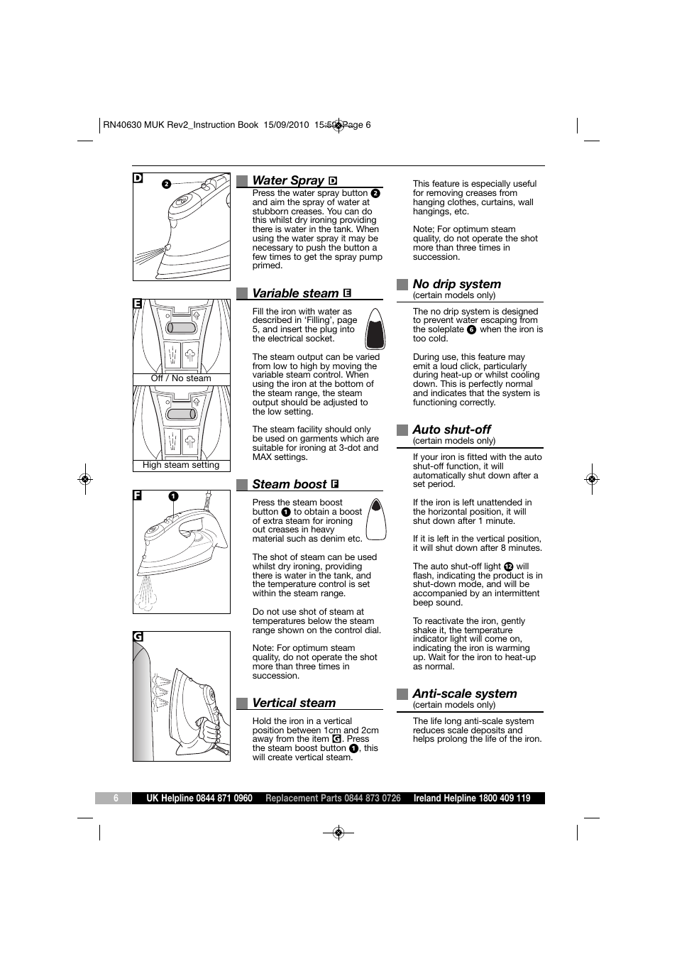 Water spray, Variable steam, Steam boost | Vertical steam, No drip system, Auto shut-off, Anti-scale system | Morphy Richards TURBOSTEAM RN40630 MUK REV2 User Manual | Page 6 / 8