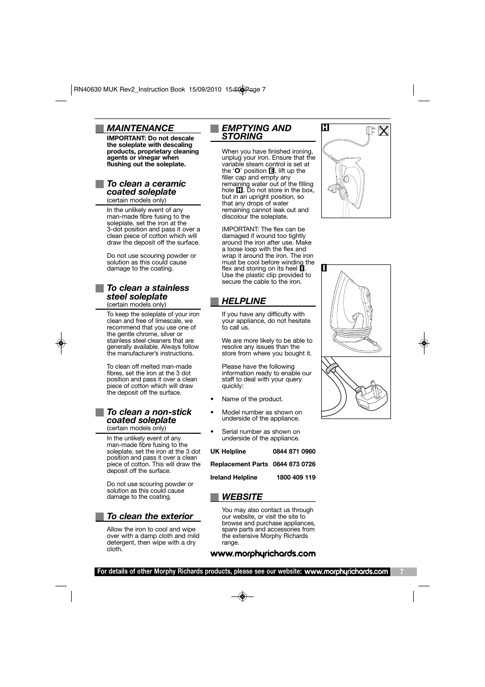 Maintenance, Emptying and storing, Helpline | Website | Morphy Richards TURBOSTEAM RN40630 MUK REV2 User Manual | Page 7 / 8