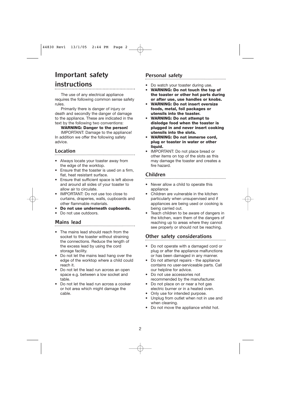 Important safety instructions, Location, Mains lead | Personal safety, Children, Other safety considerations | Morphy Richards 2 & 4 slice chroma toasters User Manual | Page 2 / 6