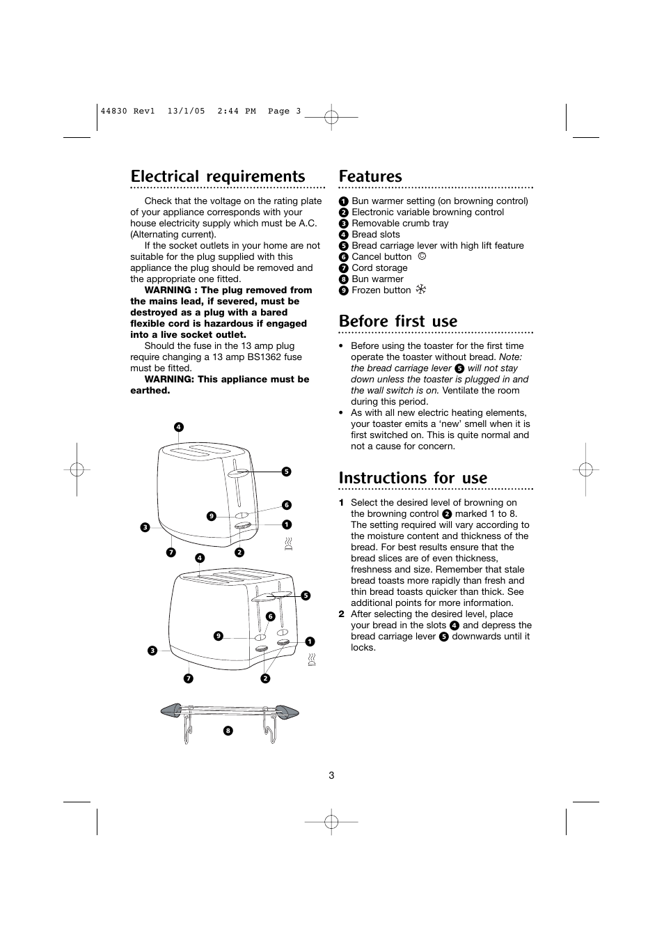 Electrical requirements, Features, Before first use | Instructions for use | Morphy Richards 2 & 4 slice chroma toasters User Manual | Page 3 / 6