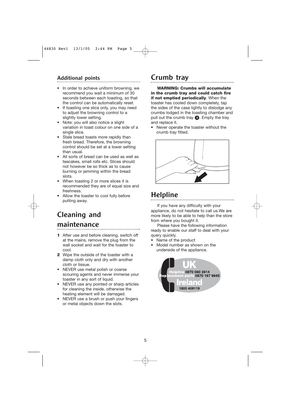 Cleaning and maintenance, Crumb tray, Helpline | Additional points | Morphy Richards 2 & 4 slice chroma toasters User Manual | Page 5 / 6