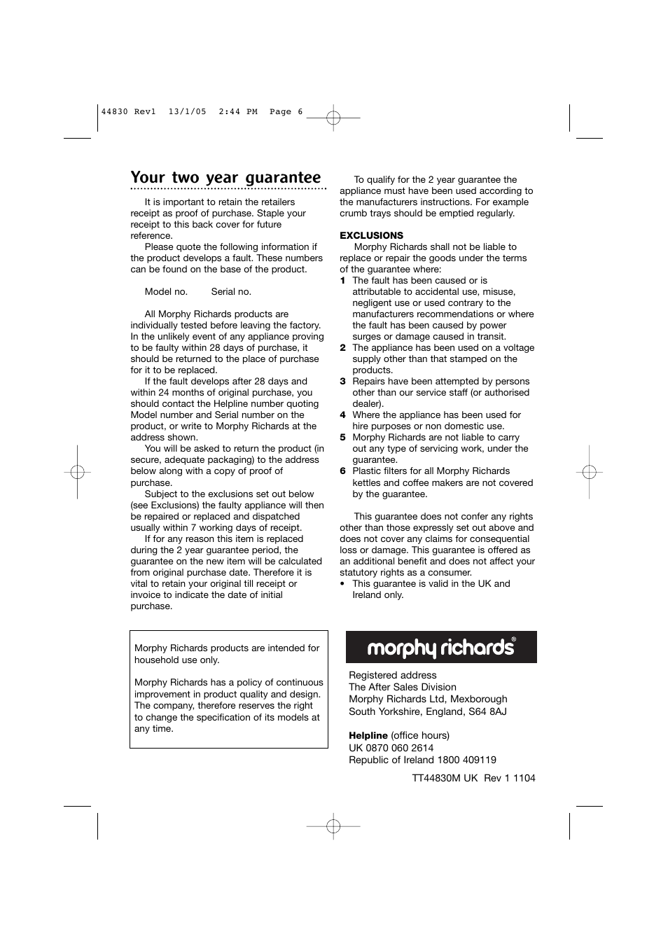 Your two year guarantee | Morphy Richards 2 & 4 slice chroma toasters User Manual | Page 6 / 6