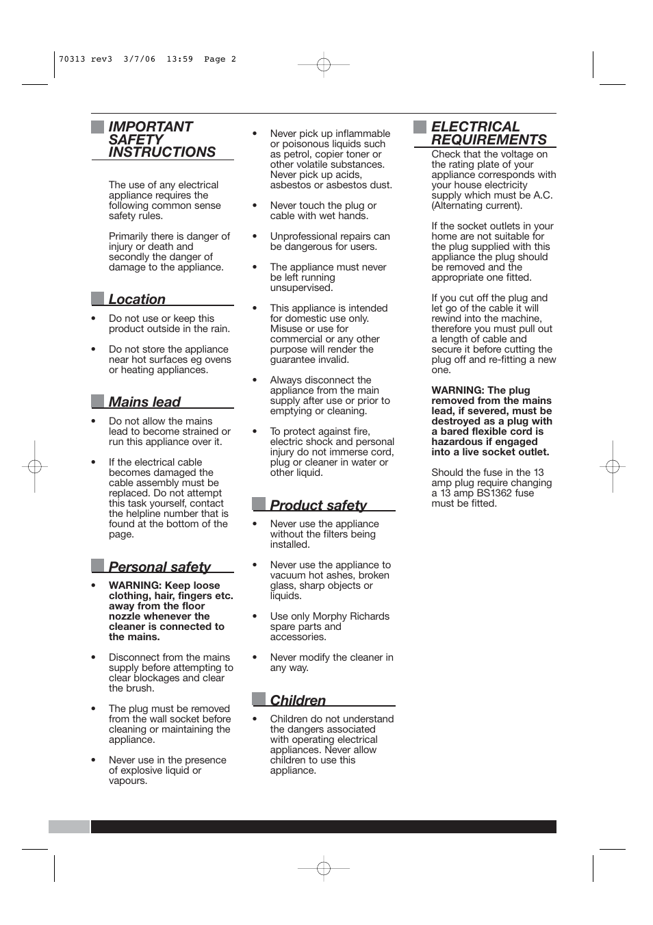 Important safety instructions, Location, Mains lead | Personal safety, Product safety, Children, Electrical requirements | Morphy Richards Storm pets cylinder vacuum cleaner User Manual | Page 2 / 8