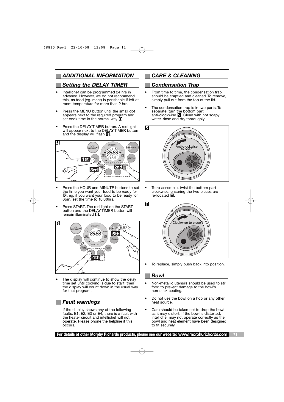 Additional information setting the delay timer, Fault warnings, Care & cleaning condensation trap | Bowl, St q r | Morphy Richards Intellichef User Manual | Page 11 / 16