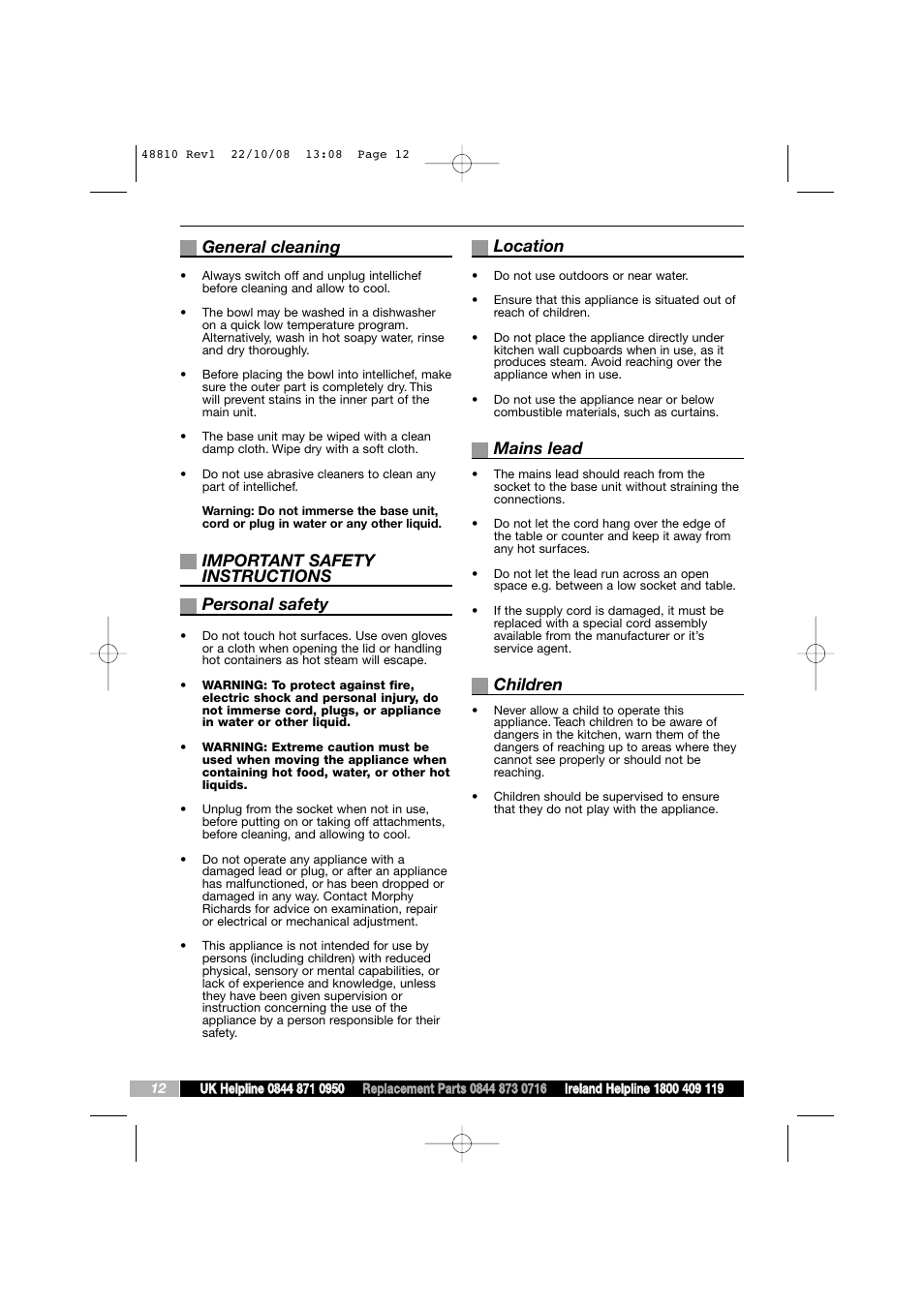 General cleaning, Important safety instructions personal safety, Location | Mains lead, Children | Morphy Richards Intellichef User Manual | Page 12 / 16