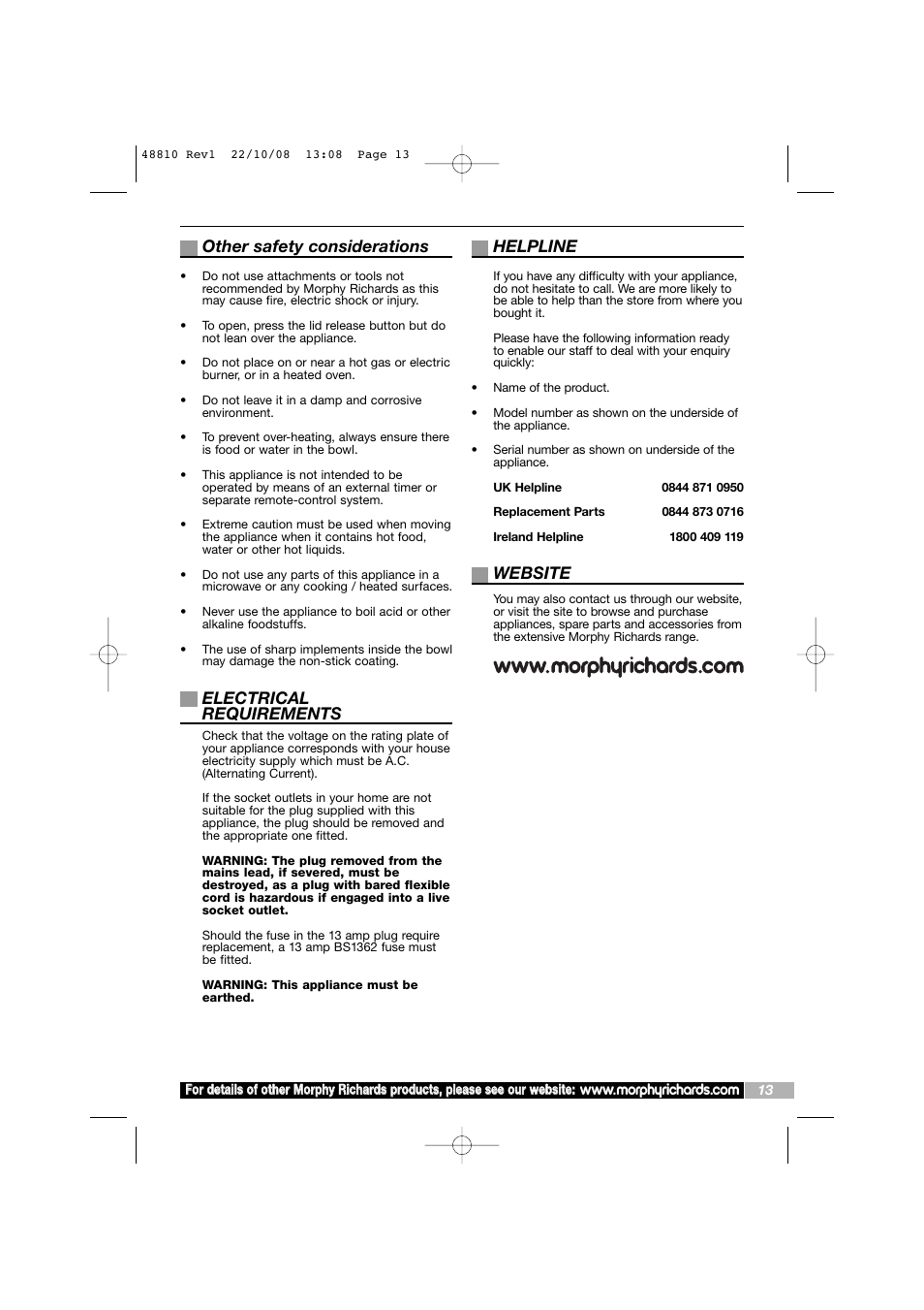 Other safety considerations, Electrical requirements, Helpline | Website | Morphy Richards Intellichef User Manual | Page 13 / 16