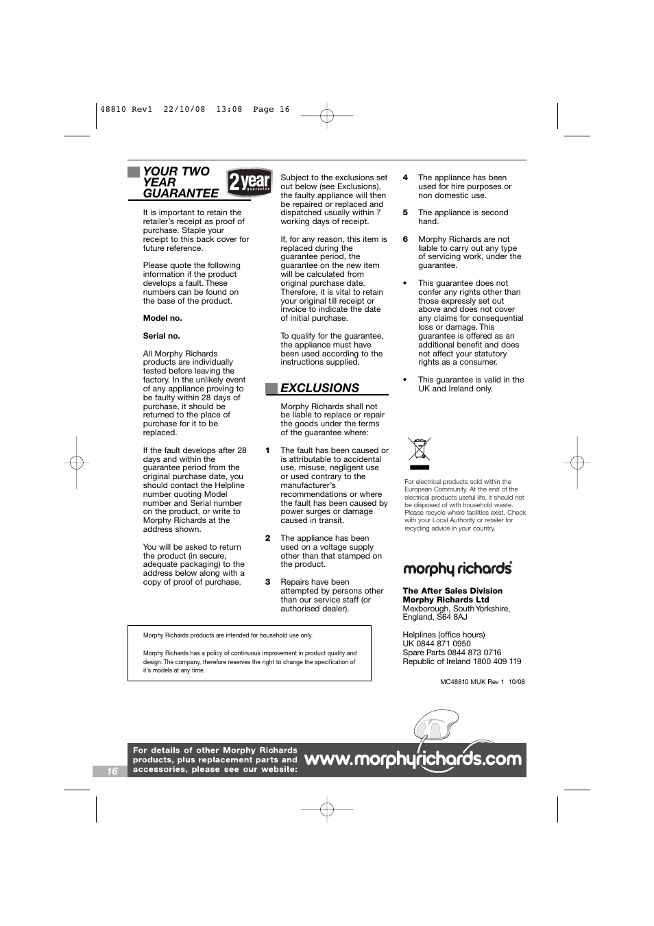 Your two year guarantee, Exclusions | Morphy Richards Intellichef User Manual | Page 16 / 16