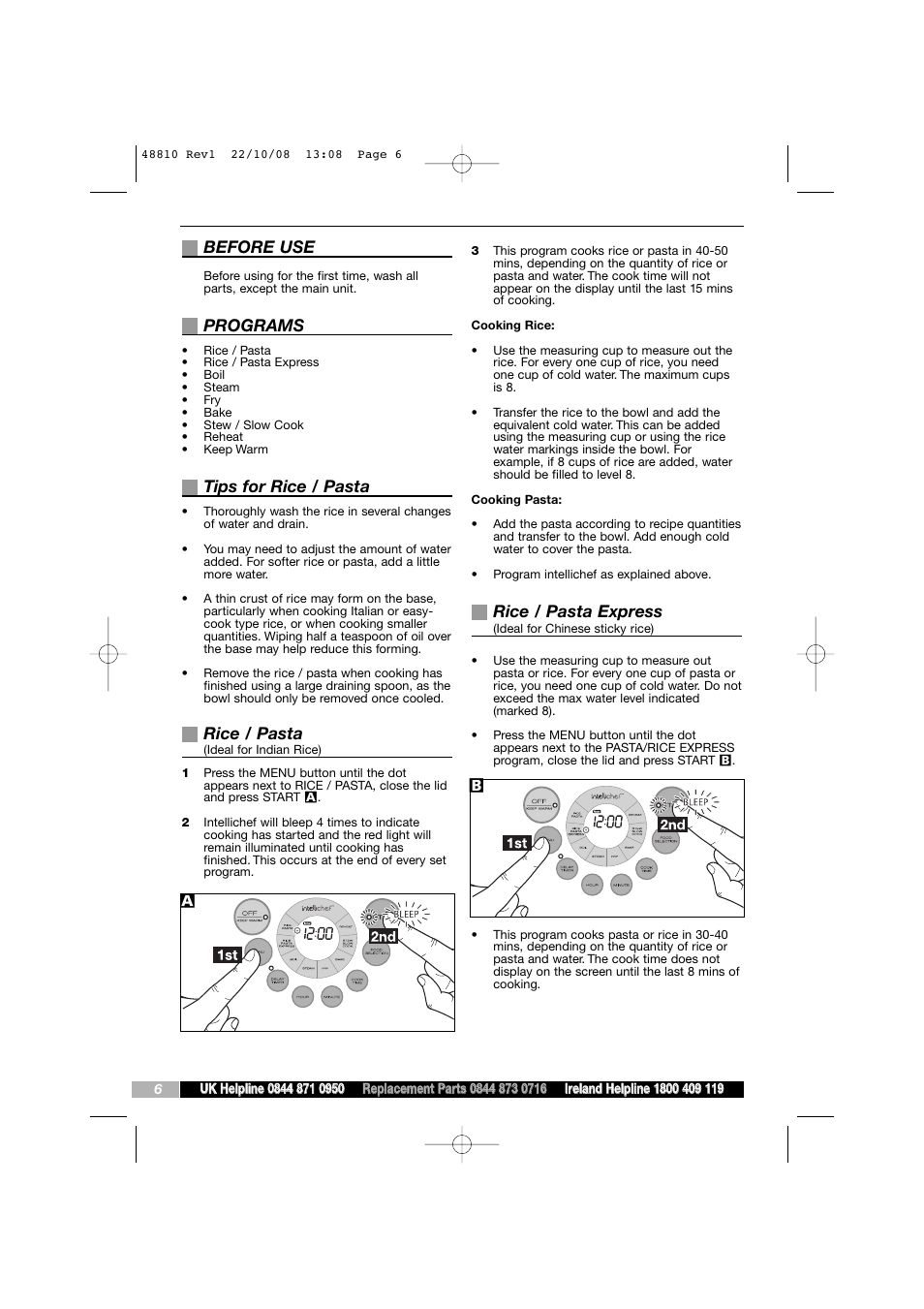 Before use, Programs, Tips for rice / pasta | Rice / pasta, Rice / pasta express | Morphy Richards Intellichef User Manual | Page 6 / 16