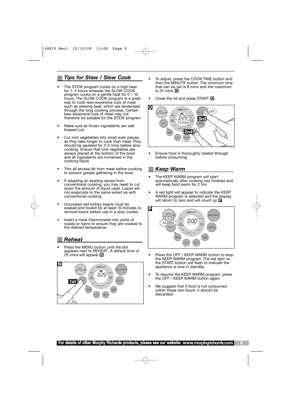 Tips for stew / slow cook, Reheat, Keep warm | Morphy Richards Intellichef User Manual | Page 9 / 16