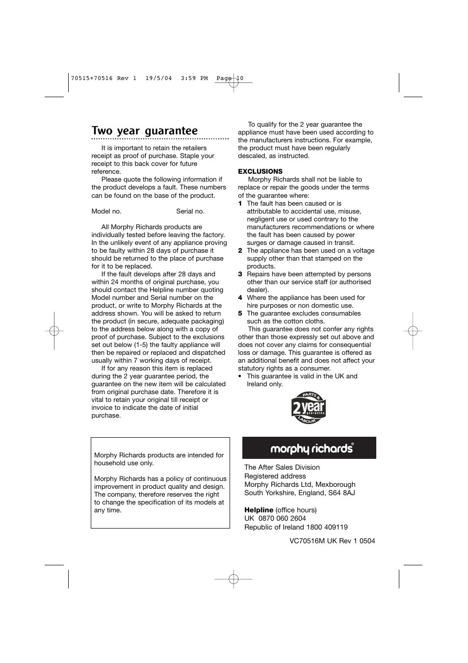 Two year guarantee | Morphy Richards GrimeBuster steam cleaner User Manual | Page 10 / 10